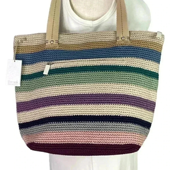 The Sak Mendocino Tote Large Multi Stripe Crochet Double Strap Zip Top Vegan NEW - Picture 2 of 14